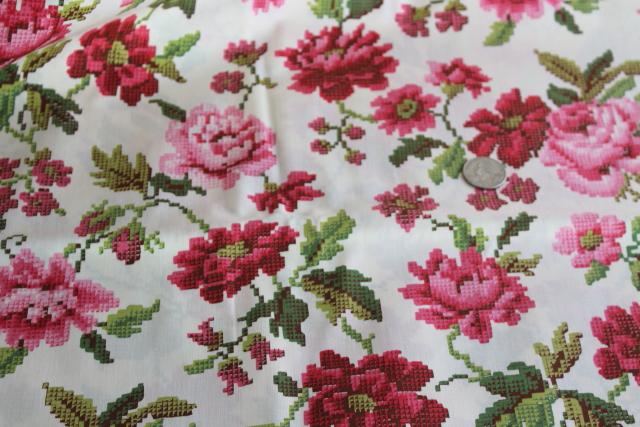 photo of 40s vintage cotton fabric, large red pink roses petitpoint needlepoint print #1