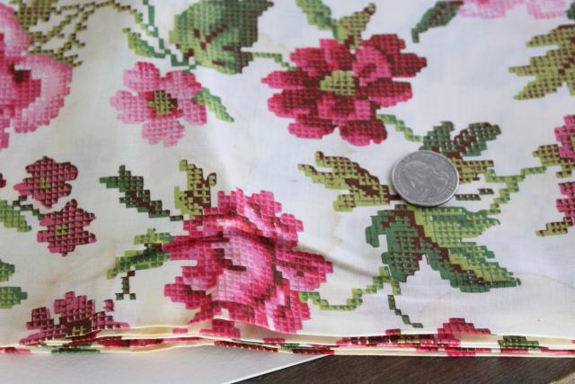 photo of 40s vintage cotton fabric, large red pink roses petitpoint needlepoint print #3