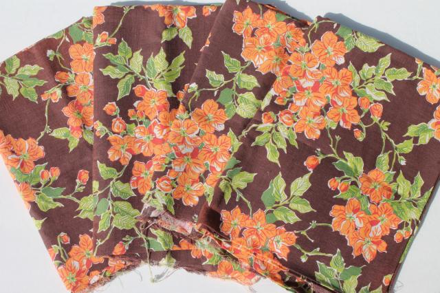 photo of 40s vintage cotton flour sacks, chocolate brown & orange flowered print feedsack fabric #1