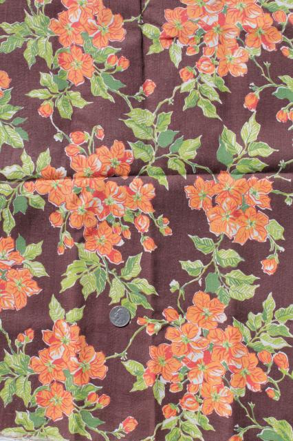 photo of 40s vintage cotton flour sacks, chocolate brown & orange flowered print feedsack fabric #2