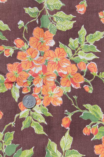 photo of 40s vintage cotton flour sacks, chocolate brown & orange flowered print feedsack fabric #3