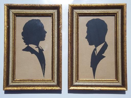 photo of 40s vintage cut paper silhouette portraits, old gold wood frames and labels #1