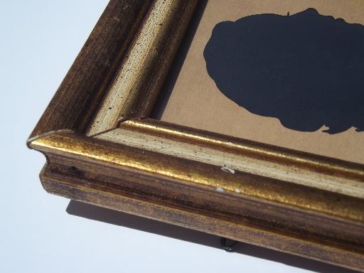 photo of 40s vintage cut paper silhouette portraits, old gold wood frames and labels #2