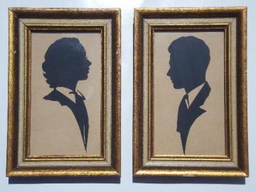 catalog photo of 40s vintage cut paper silhouette portraits, old gold wood frames and labels