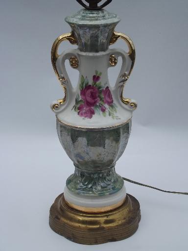 photo of 40s vintage ornate double-handled china lamp, green marble and pink roses #1