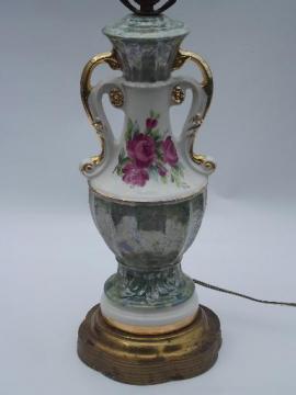 catalog photo of 40s vintage ornate double-handled china lamp, green marble and pink roses