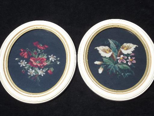 photo of 40s vintage pair of needlepoint pictures in oval frames, floral bouquets #1