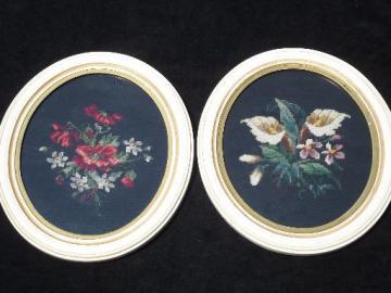 catalog photo of 40s vintage pair of needlepoint pictures in oval frames, floral bouquets