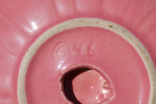 photo of 40s vintage pink flower dish w/ green leaf handle, ceramic art studio pottery USA #6