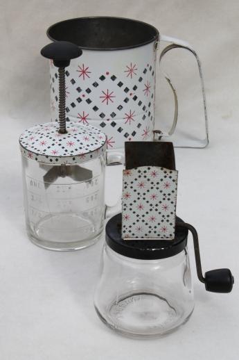 photo of 40s vintage red & black atomic print tin kitchen set, sifter, nut grinder, chopper #1