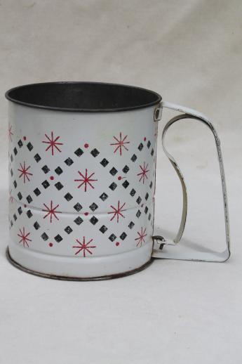 photo of 40s vintage red & black atomic print tin kitchen set, sifter, nut grinder, chopper #3