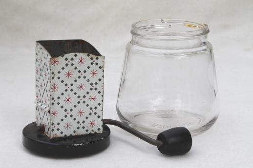 photo of 40s vintage red & black atomic print tin kitchen set, sifter, nut grinder, chopper #6