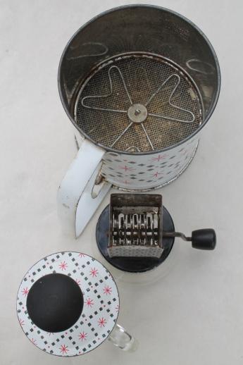 photo of 40s vintage red & black atomic print tin kitchen set, sifter, nut grinder, chopper #10