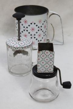 catalog photo of 40s vintage red & black atomic print tin kitchen set, sifter, nut grinder, chopper