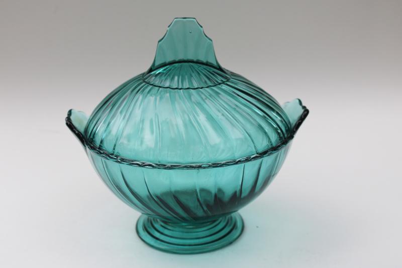 photo of 40s vintage teal green depression glass candy dish, Jeannette ultramarine swirl #1