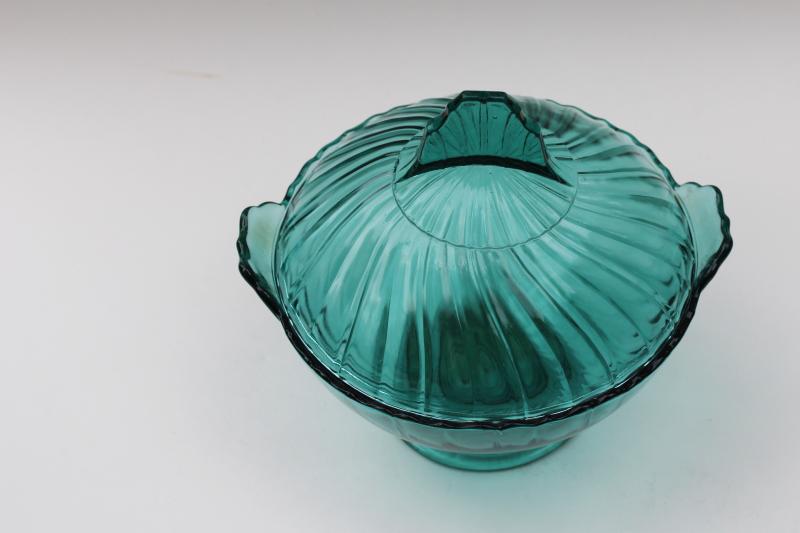 photo of 40s vintage teal green depression glass candy dish, Jeannette ultramarine swirl #2