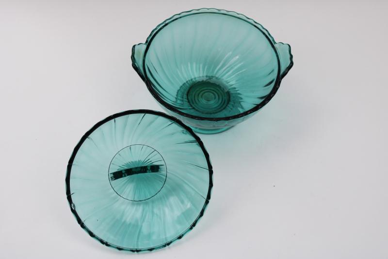 photo of 40s vintage teal green depression glass candy dish, Jeannette ultramarine swirl #3
