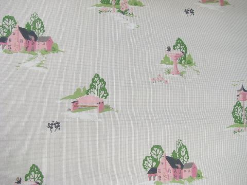 photo of 40s vintage wallpaper, pink cottages & green trees, huge lot old wall paper #1