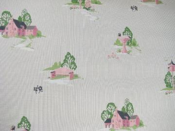 catalog photo of 40s vintage wallpaper, pink cottages & green trees, huge lot old wall paper