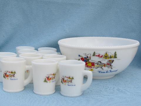 photo of 40's-50's vintage Tom and Jerry bowl and cups, Currier and Ives Christmas scene #1