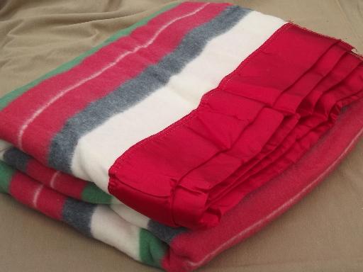 photo of 40s-50s vintage camp blanket, red, green, black trapper's stripe blanket #1