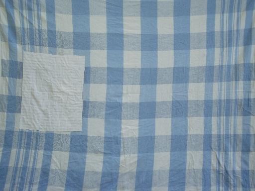 photo of 40s-50s vintage camp blankets, old blue and white plaid cotton blanket lot #2