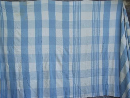 photo of 40s-50s vintage camp blankets, old blue and white plaid cotton blanket lot #4