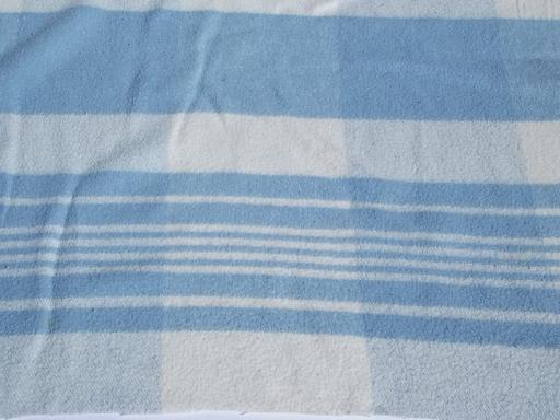 photo of 40s-50s vintage camp blankets, old blue and white plaid cotton blanket lot #5