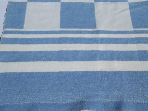 photo of 40s-50s vintage camp blankets, old blue and white plaid cotton blanket lot #6