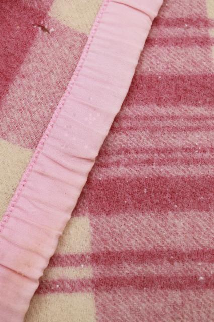 photo of 40s-50s vintage fold over camp blankets, double length long pink plaid glamping bunk blankets #3