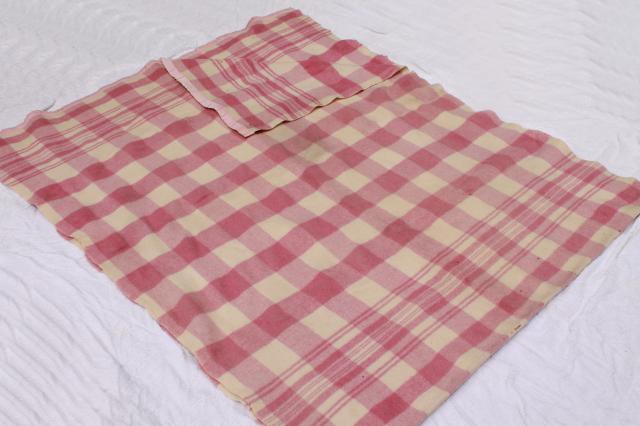 photo of 40s-50s vintage fold over camp blankets, double length long pink plaid glamping bunk blankets #5