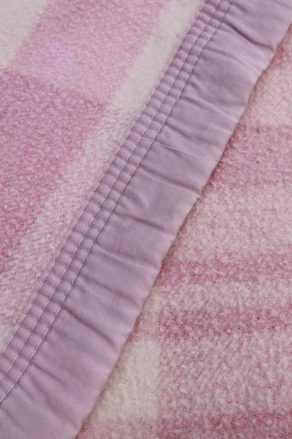 photo of 40s-50s vintage fold over camp blankets, double length long pink plaid glamping bunk blankets #11