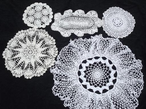 photo of 45 vintage crocheted yarn doilies, old handmade crochet lace doily lot #5