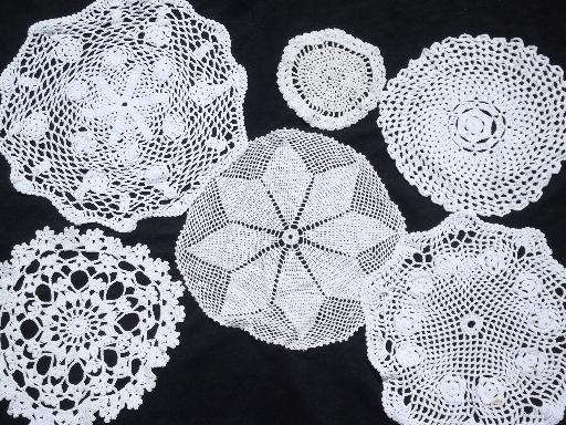 photo of 45 vintage crocheted yarn doilies, old handmade crochet lace doily lot #6