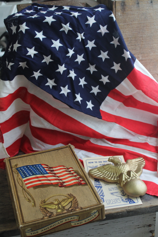 photo of 48 star American flag, new in box 1940s vintage US Flag kit w/ gold eagle wall mount flag holder  #1