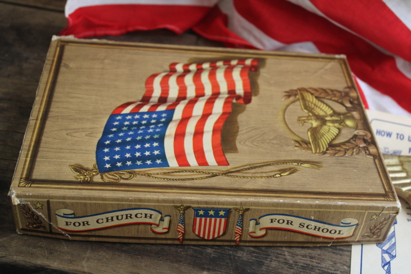 photo of 48 star American flag, new in box 1940s vintage US Flag kit w/ gold eagle wall mount flag holder  #7