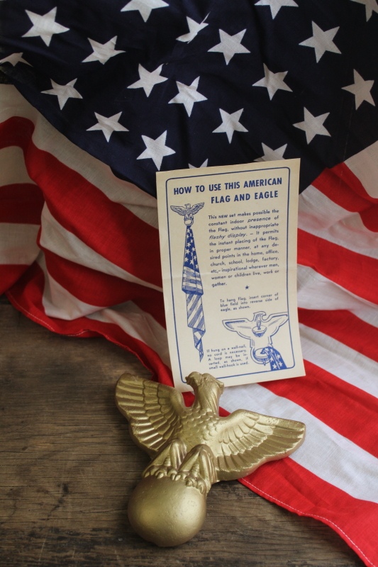 photo of 48 star American flag, new in box 1940s vintage US Flag kit w/ gold eagle wall mount flag holder  #8