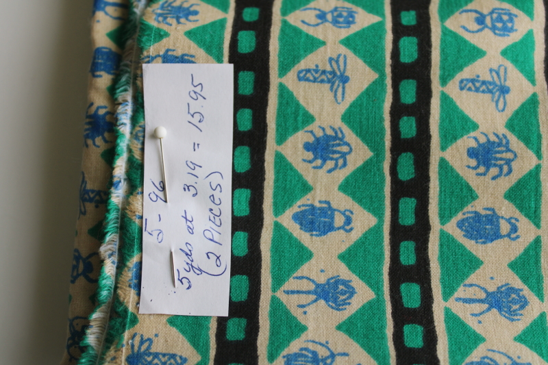 photo of 5 yards scarabs insects bold stripes ethnic print cotton fabric, 90s vintage  #2