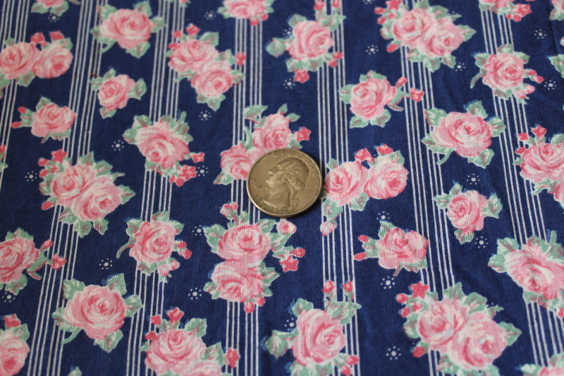 photo of 5+ yards soft washed vintage cotton fabric, pink roses floral on navy blue #1