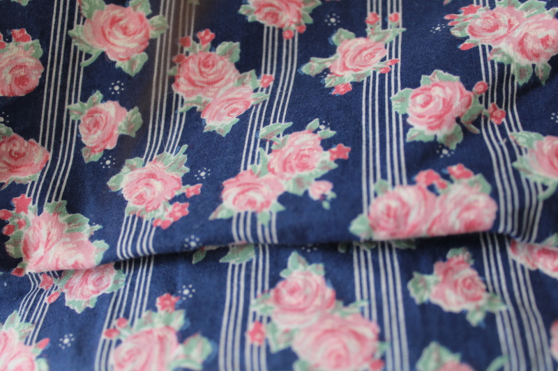 photo of 5+ yards soft washed vintage cotton fabric, pink roses floral on navy blue #3