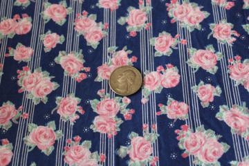 catalog photo of 5+ yards soft washed vintage cotton fabric, pink roses floral on navy blue