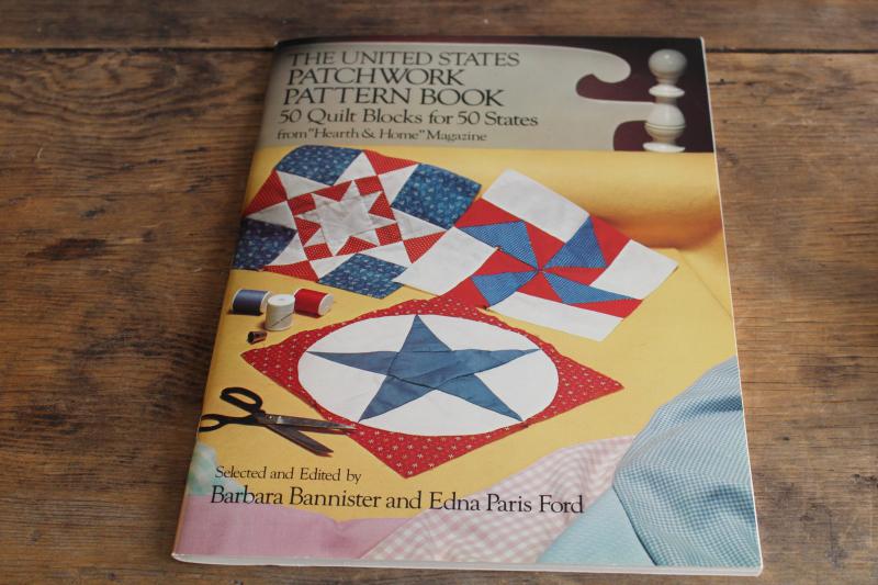 photo of 50 US states quilt block patchwork designs pattern templates, vintage Dover book #1