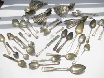 catalog photo of 50+ vintage antique silver plate spoons, old flatware silverware lot