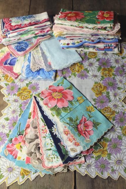 photo of 50+ vintage print cotton handkerchiefs, huge lot of hankies w/ flowers, pretty florals #1