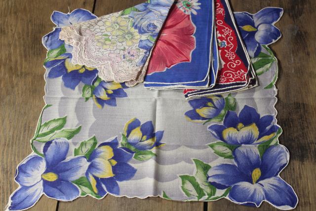 photo of 50+ vintage print cotton handkerchiefs, huge lot of hankies w/ flowers, pretty florals #4