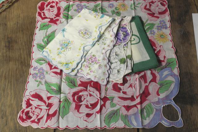 photo of 50+ vintage print cotton handkerchiefs, huge lot of hankies w/ flowers, pretty florals #10