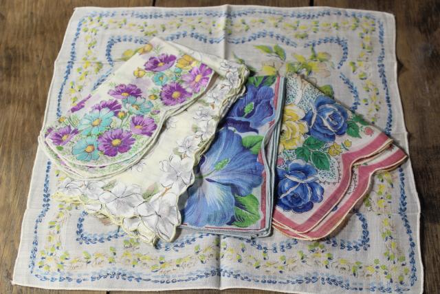 photo of 50+ vintage print cotton handkerchiefs, huge lot of hankies w/ flowers, pretty florals #11