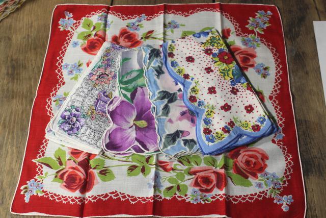 photo of 50+ vintage print cotton handkerchiefs, huge lot of hankies w/ flowers, pretty florals #12