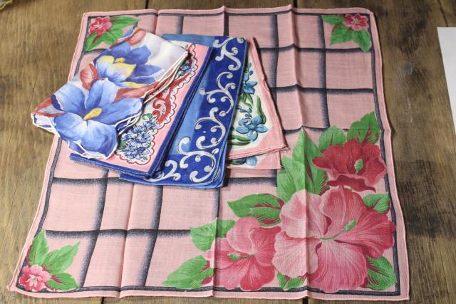 photo of 50+ vintage print cotton handkerchiefs, huge lot of hankies w/ flowers, pretty florals #13