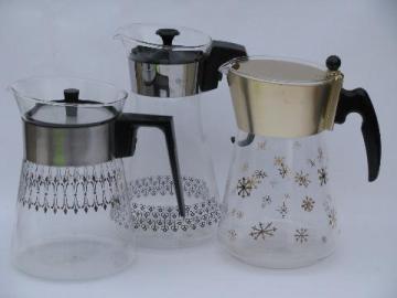 catalog photo of 50s 60s vintage Pyrex glass coffee carafe pitchers lot, silver and copper